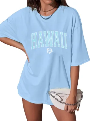 Hawaiian Shirts Women Oversized Aloha State Graphic Summer Hawaii Flower Tropical Beach Vacation Loose Casual Tees Tops