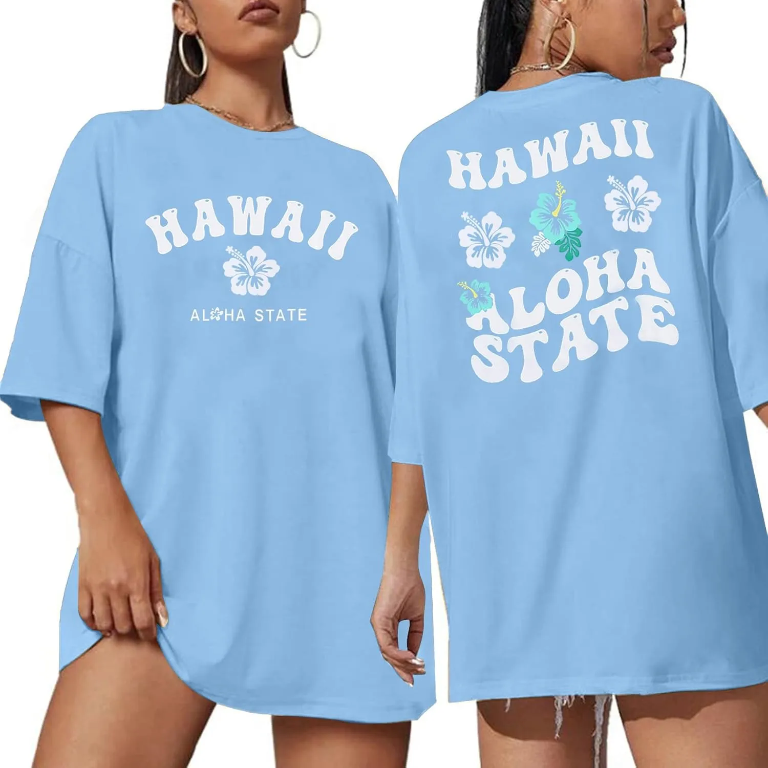 Hawaiian Shirts Women Oversized Aloha State Graphic Summer Hawaii Flower Tropical Beach Vacation Loose Casual Tees Tops