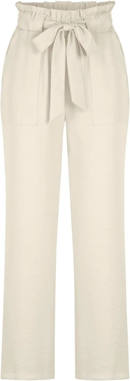 HGps8w Paperbag Waist Wide Pants for Women 2025 Summer Straight Leg Business Casual Palazzo Trousers with Belt