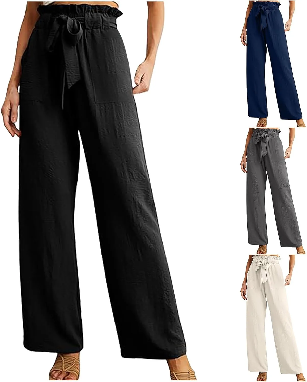 HGps8w Paperbag Waist Wide Pants for Women 2025 Summer Straight Leg Business Casual Palazzo Trousers with Belt