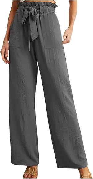 HGps8w Paperbag Waist Wide Pants for Women 2025 Summer Straight Leg Business Casual Palazzo Trousers with Belt