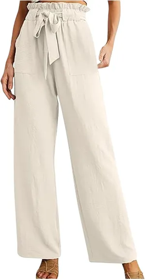 HGps8w Paperbag Waist Wide Pants for Women 2025 Summer Straight Leg Business Casual Palazzo Trousers with Belt