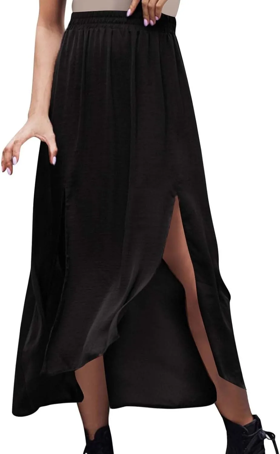 HGps8w Women's Flowy Linen Maxi Skirt, Casual Elastic High Waisted 2025 Summer A-Line Boho Slit Long Skirts