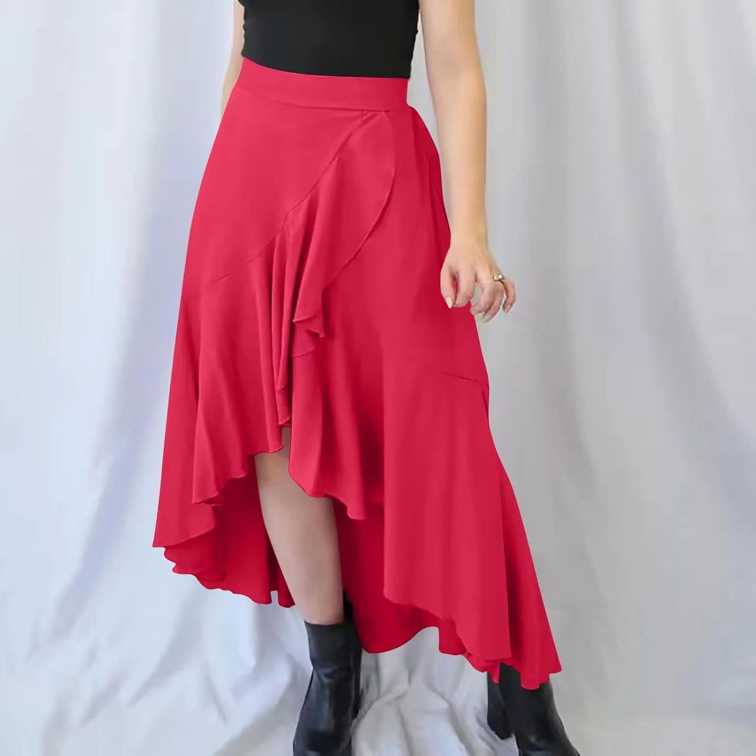 HGps8w Women's Ruffle Slit Long Skirt, Casual Elastic High Waisted 2025 Summer A-Line Boho Flowy Maxi Skirts