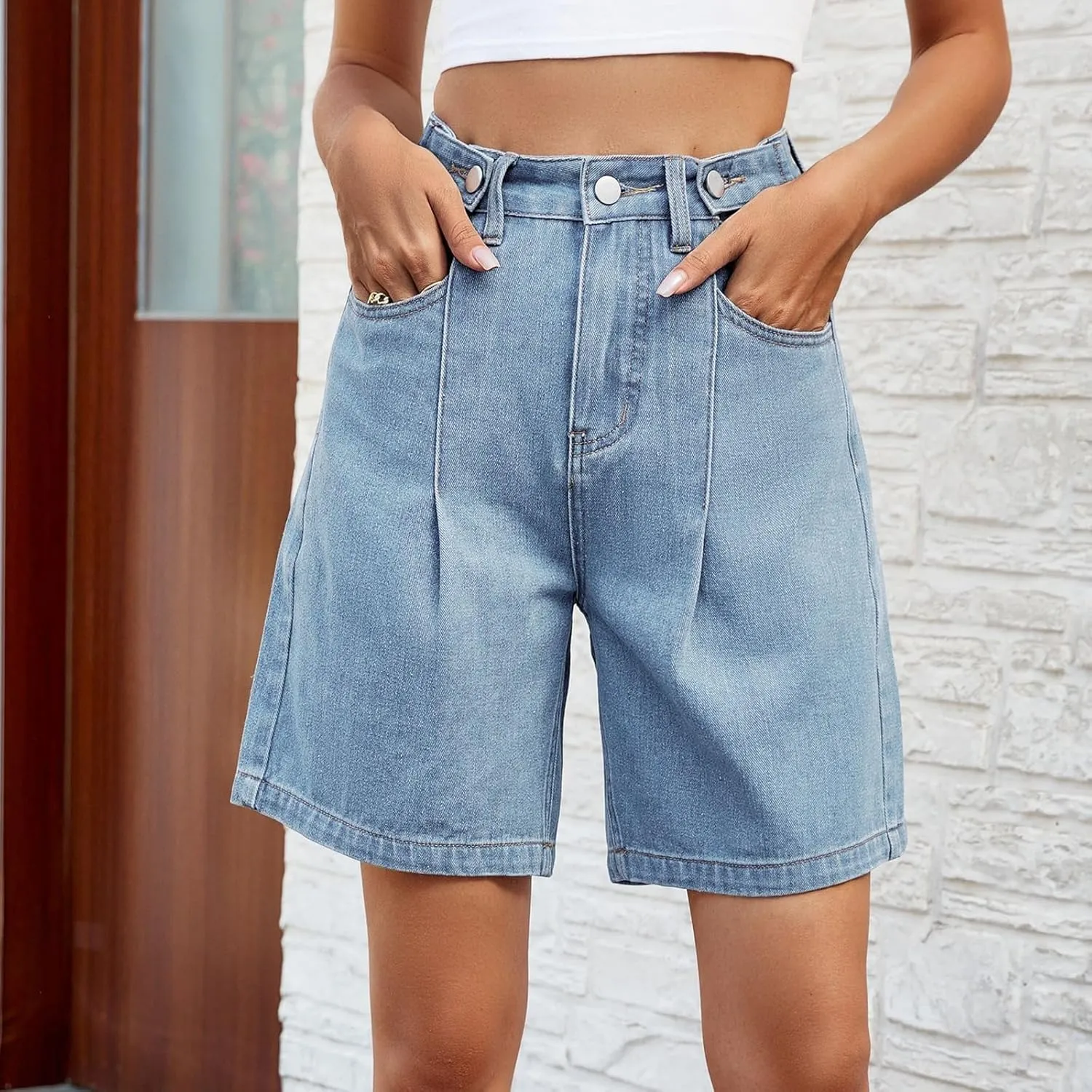 High Waisted Shorts Women Denim White - Bermuda Mid-Rise Butt Lift Summer Long Denim 5 Inch Inseam with Multi Pockets