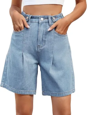High Waisted Shorts Women Denim White - Bermuda Mid-Rise Butt Lift Summer Long Denim 5 Inch Inseam with Multi Pockets