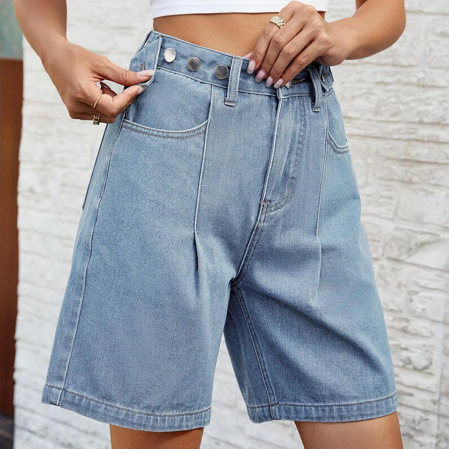 High Waisted Shorts Women Denim White - Bermuda Mid-Rise Butt Lift Summer Long Denim 5 Inch Inseam with Multi Pockets