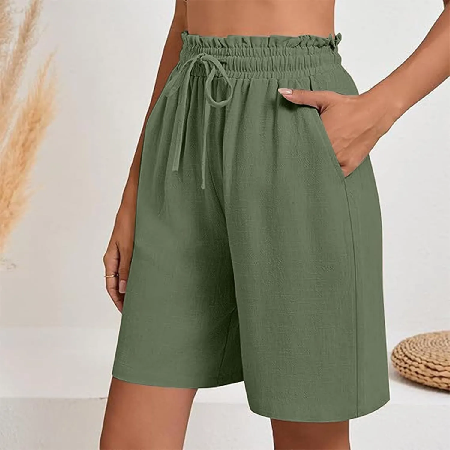 hlysgo Beach Shorts for Women Summer High Waisted Drawstring Cotton Linen Short Casual Loose Fit Comfy Straight Leg Shorts