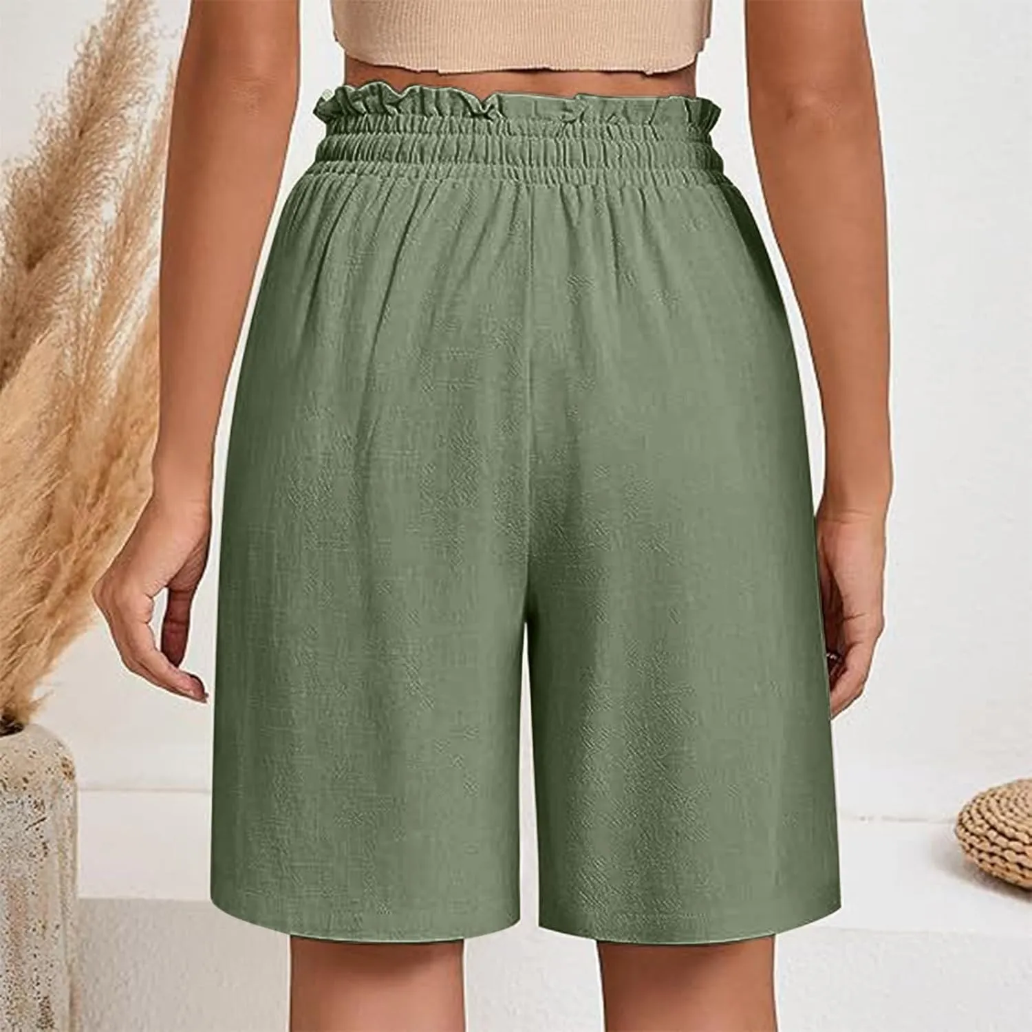 hlysgo Beach Shorts for Women Summer High Waisted Drawstring Cotton Linen Short Casual Loose Fit Comfy Straight Leg Shorts