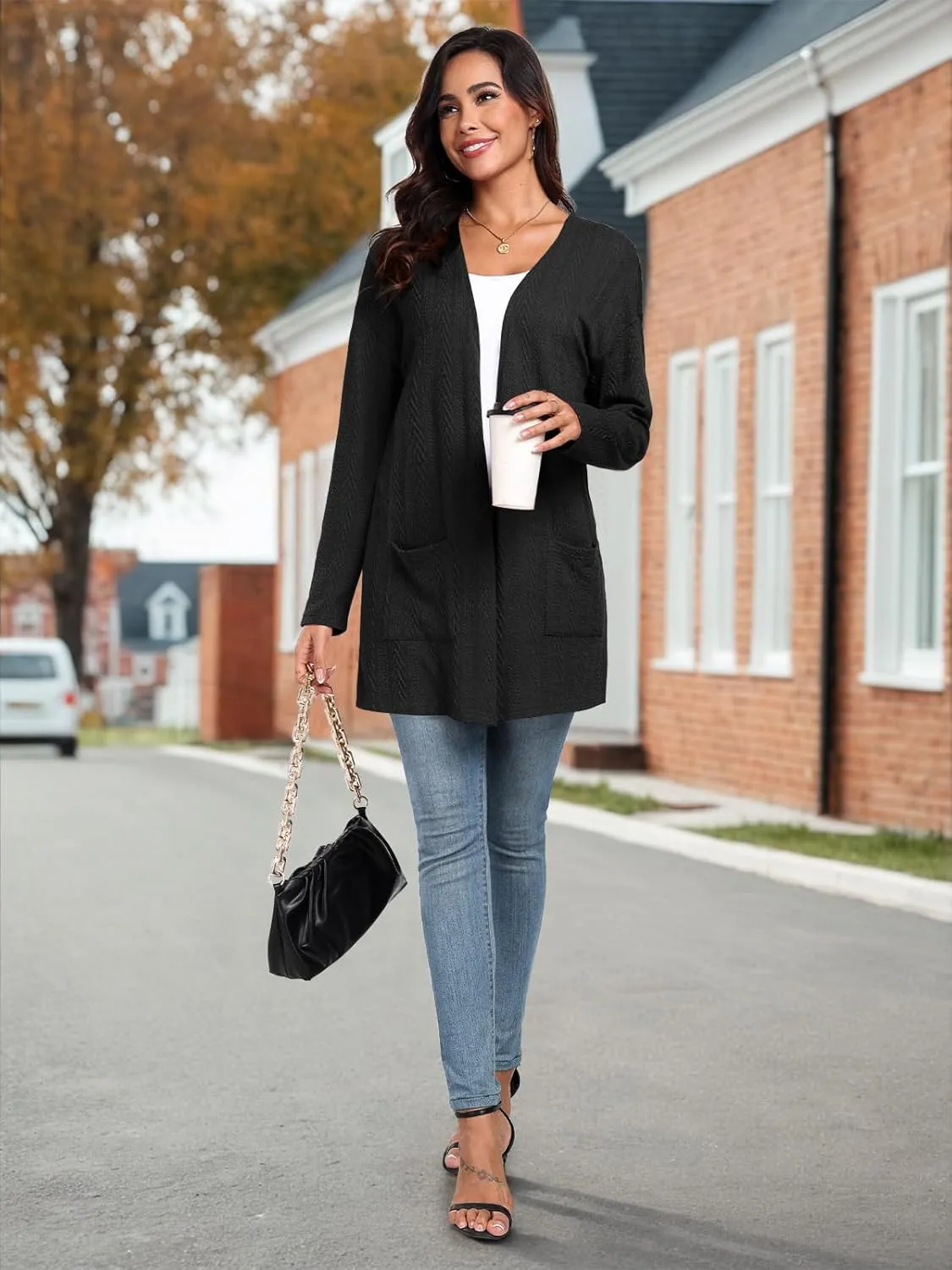 HWOKEFEIYU Women's Lightweight Cardigans Casual Open Front Cable Knit Cardigans Solid Color Outwear Coats with Pockets