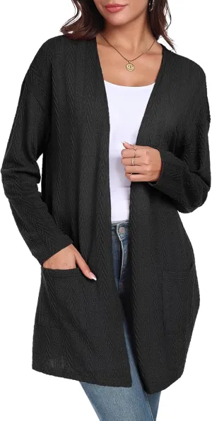 HWOKEFEIYU Women's Lightweight Cardigans Casual Open Front Cable Knit Cardigans Solid Color Outwear Coats with Pockets