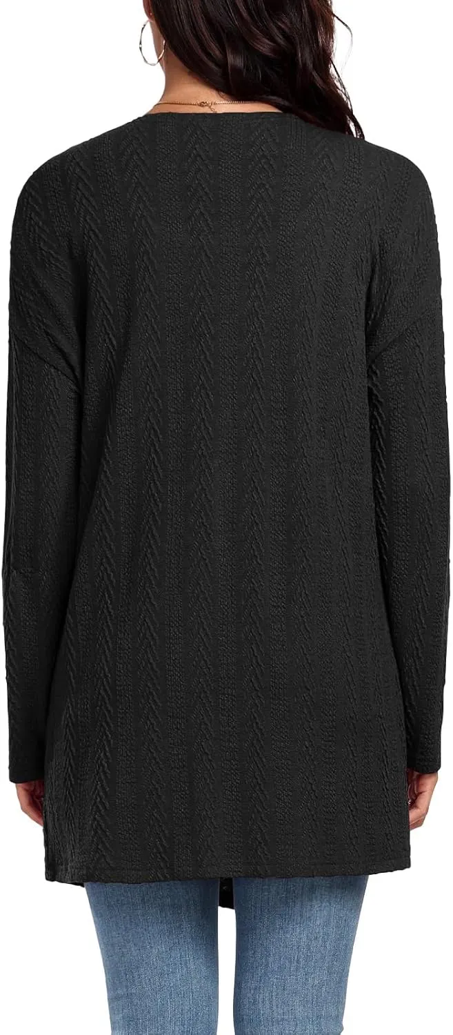 HWOKEFEIYU Women's Lightweight Cardigans Casual Open Front Cable Knit Cardigans Solid Color Outwear Coats with Pockets