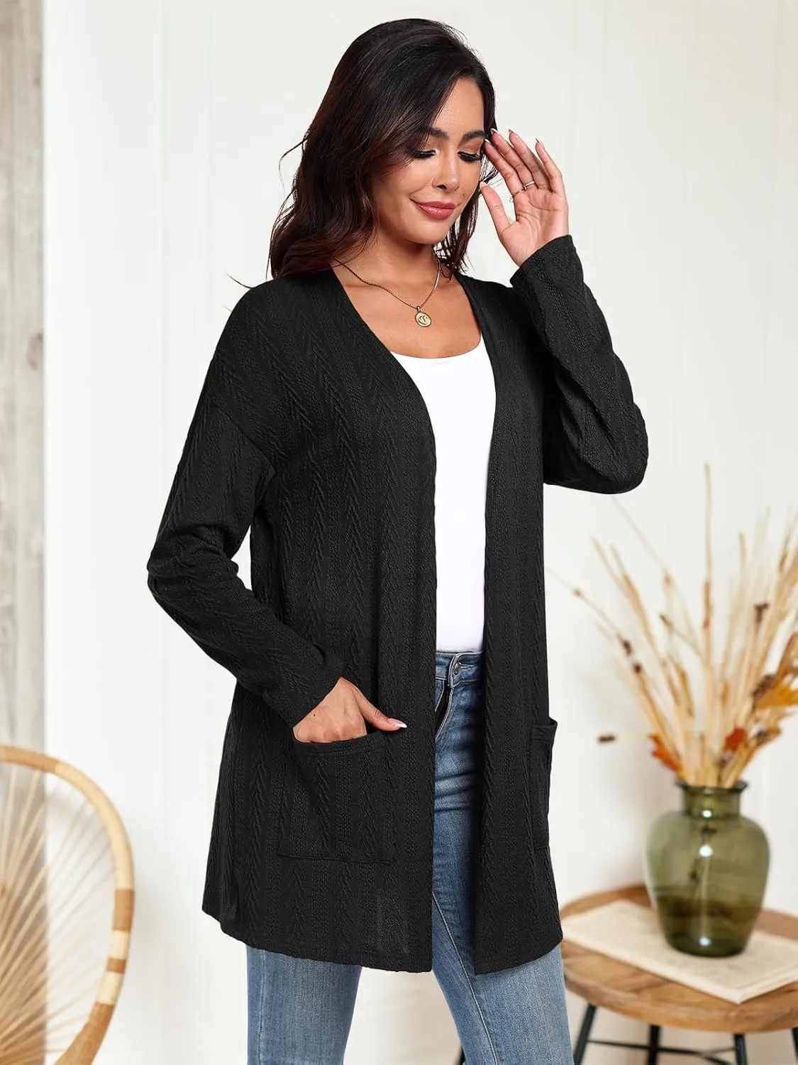 HWOKEFEIYU Women's Lightweight Cardigans Casual Open Front Cable Knit Cardigans Solid Color Outwear Coats with Pockets