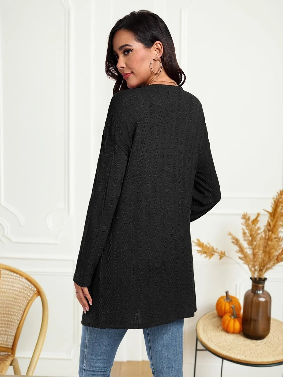 HWOKEFEIYU Women's Lightweight Cardigans Casual Open Front Cable Knit Cardigans Solid Color Outwear Coats with Pockets
