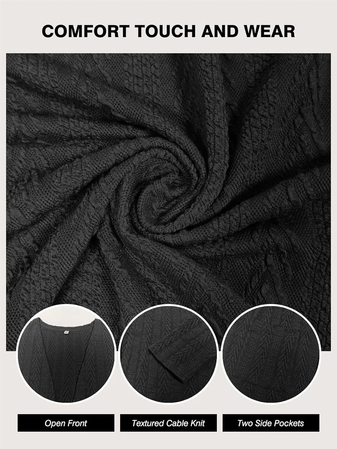 HWOKEFEIYU Women's Lightweight Cardigans Casual Open Front Cable Knit Cardigans Solid Color Outwear Coats with Pockets