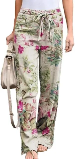 IVERIRMIN Women's Cotton Linen Straight Leg Lounge Pants Casual Floral Elastic Mid Waist Trousers Relaxed Pants with A Belt