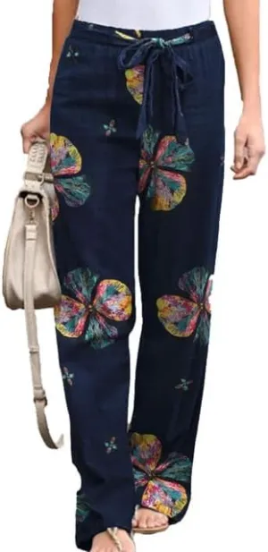 IVERIRMIN Women's Cotton Linen Straight Leg Lounge Pants Casual Floral Elastic Mid Waist Trousers Relaxed Pants with A Belt