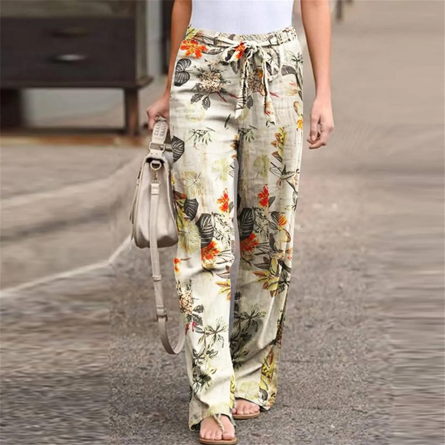 IVERIRMIN Women's Cotton Linen Straight Leg Lounge Pants Casual Floral Elastic Mid Waist Trousers Relaxed Pants with A Belt