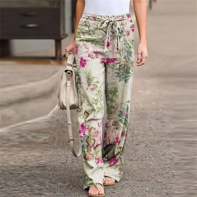 IVERIRMIN Women's Cotton Linen Straight Leg Lounge Pants Casual Floral Elastic Mid Waist Trousers Relaxed Pants with A Belt