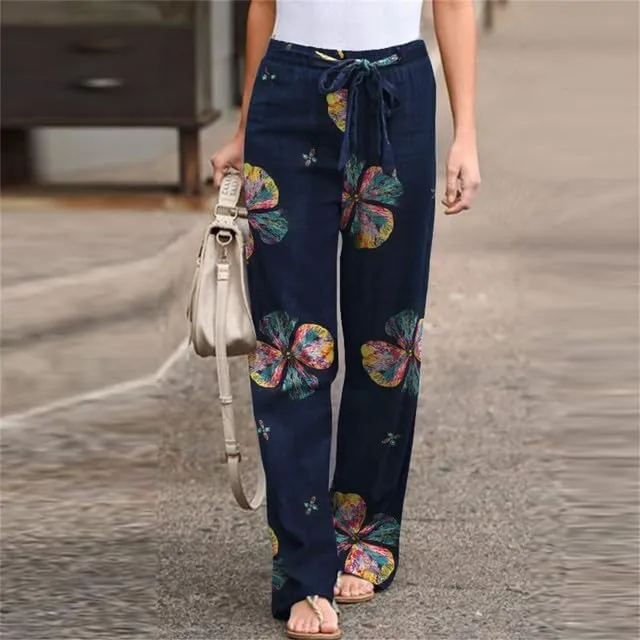 IVERIRMIN Women's Cotton Linen Straight Leg Lounge Pants Casual Floral Elastic Mid Waist Trousers Relaxed Pants with A Belt