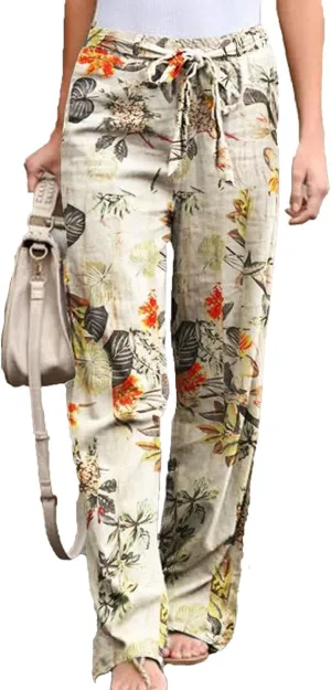 IVERIRMIN Women's Cotton Linen Straight Leg Lounge Pants Casual Floral Elastic Mid Waist Trousers Relaxed Pants with A Belt