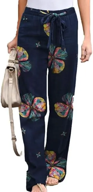 IVERIRMIN Women's Cotton Linen Straight Leg Lounge Pants Casual Floral Elastic Mid Waist Trousers Relaxed Pants with A Belt
