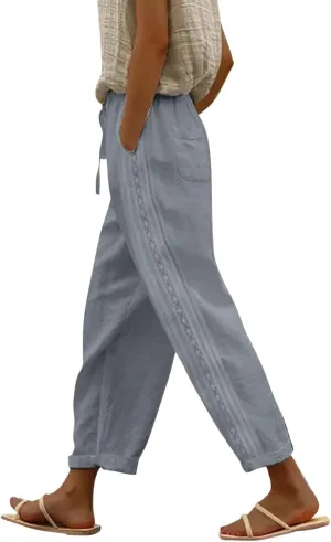 JiXiang White Linen Pants Women Petite Short Solid Summer Beach Pants Elastic Waist Tapered Pants Casual Trousers with Pocket