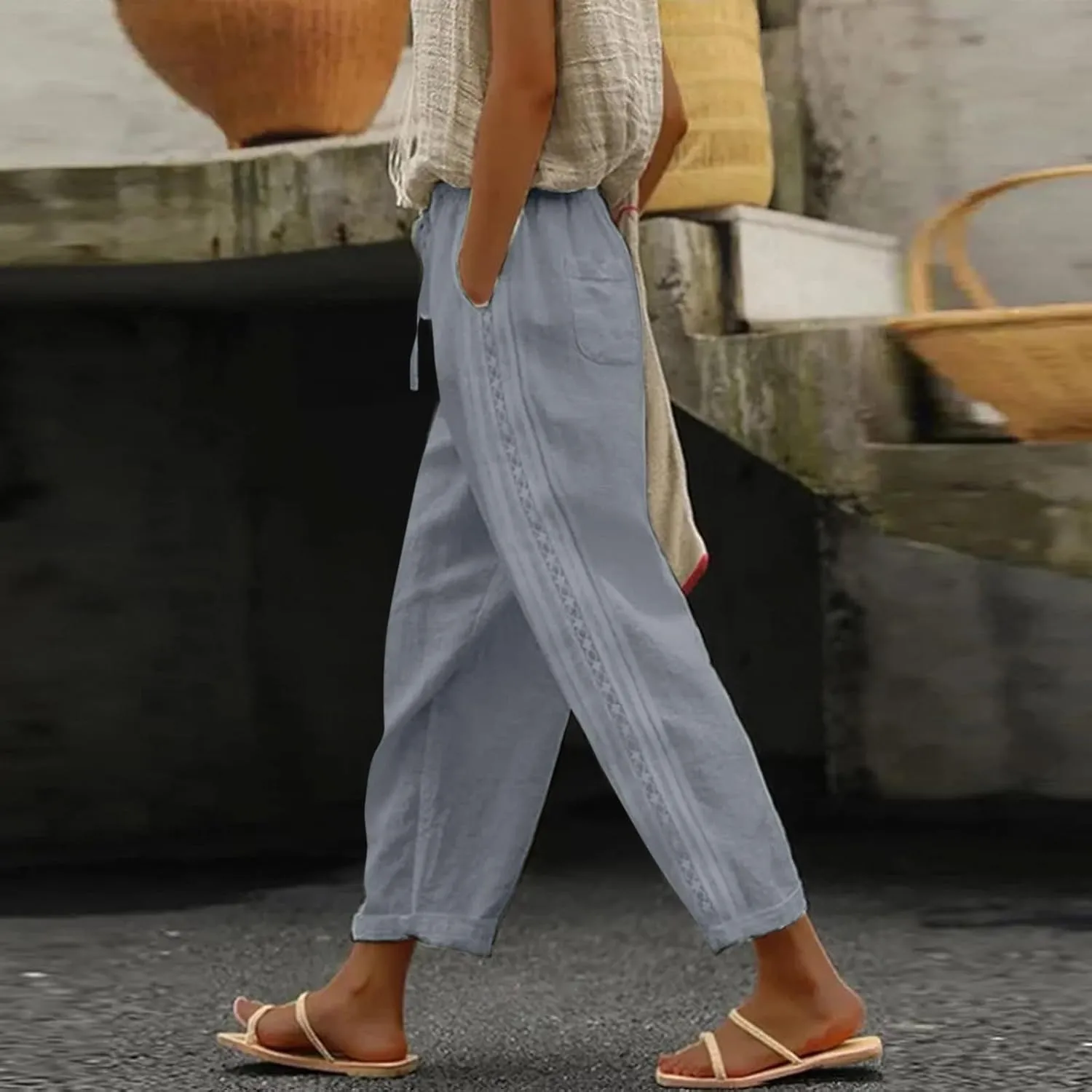 JiXiang White Linen Pants Women Petite Short Solid Summer Beach Pants Elastic Waist Tapered Pants Casual Trousers with Pocket