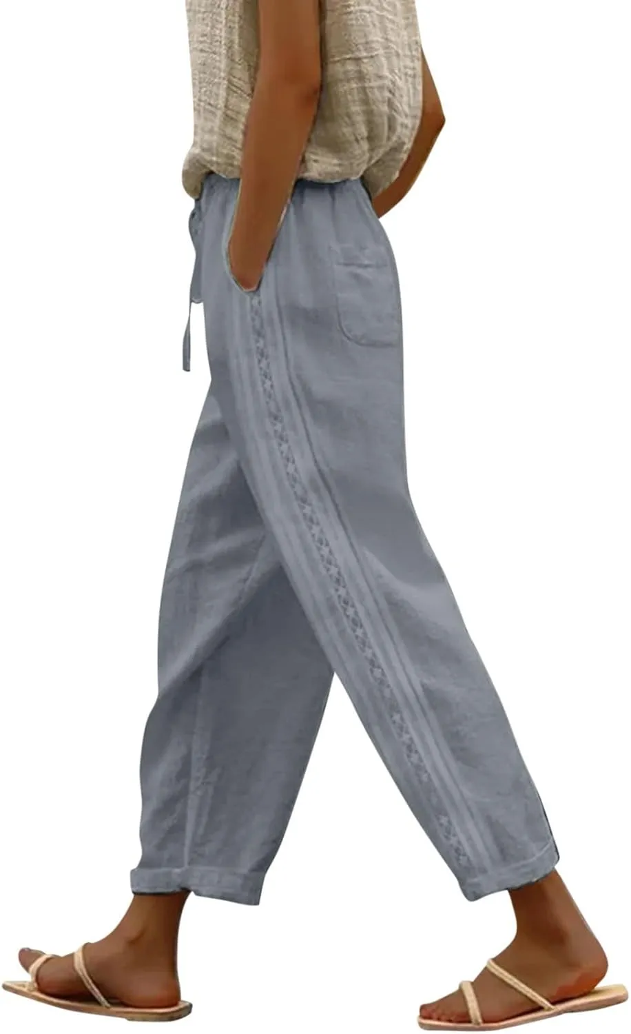 JiXiang White Linen Pants Women Petite Short Solid Summer Beach Pants Elastic Waist Tapered Pants Casual Trousers with Pocket
