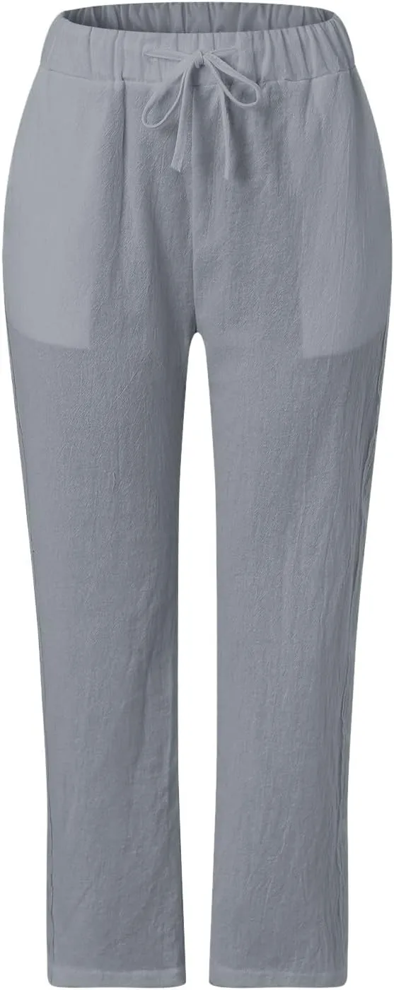 JiXiang White Linen Pants Women Petite Short Solid Summer Beach Pants Elastic Waist Tapered Pants Casual Trousers with Pocket