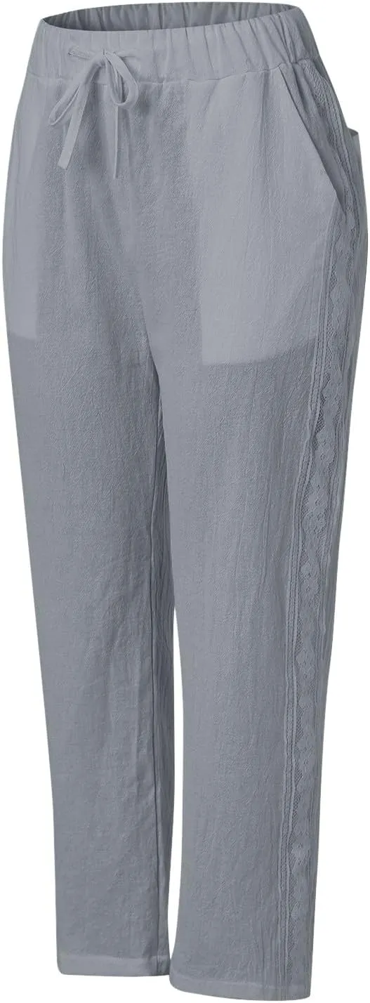 JiXiang White Linen Pants Women Petite Short Solid Summer Beach Pants Elastic Waist Tapered Pants Casual Trousers with Pocket
