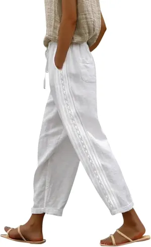 JiXiang White Linen Pants Women Petite Short Solid Summer Beach Pants Elastic Waist Tapered Pants Casual Trousers with Pocket