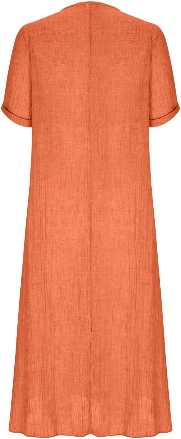JOAU Womens Cotton Linen Maxi Dress Summer Short Sleeve V-Neck T-Shirt Dresses Casual Flowy Beach Cover Up Long Dress