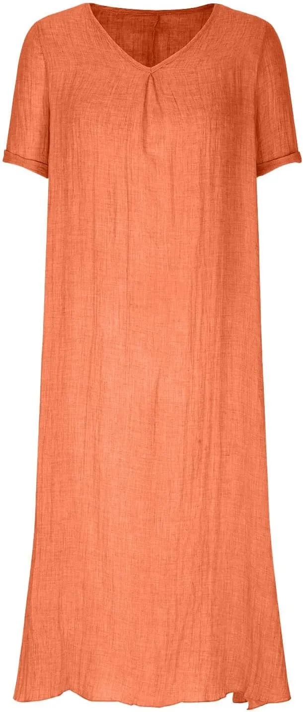 JOAU Womens Cotton Linen Maxi Dress Summer Short Sleeve V-Neck T-Shirt Dresses Casual Flowy Beach Cover Up Long Dress