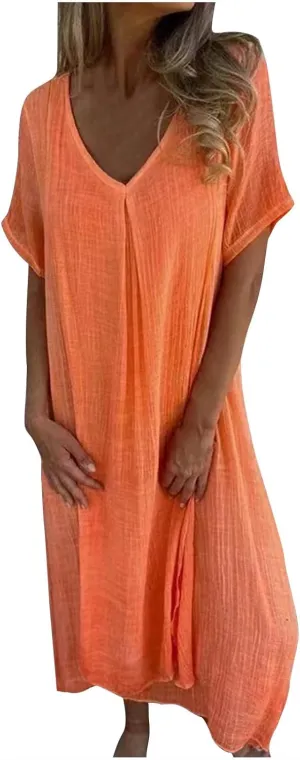 JOAU Womens Cotton Linen Maxi Dress Summer Short Sleeve V-Neck T-Shirt Dresses Casual Flowy Beach Cover Up Long Dress