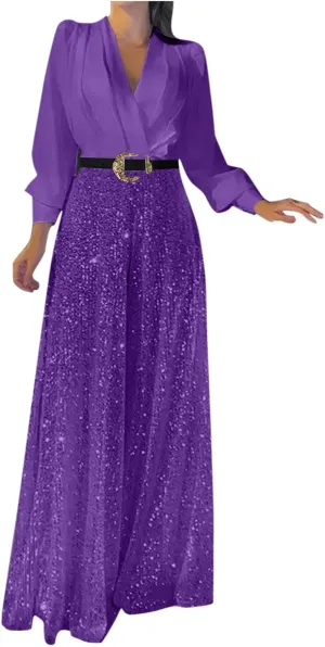 JOAU Women's Sequin Patchwork Rompers Dressy Wrap V Neck Jumpsuit Formal Pants Suits Evening Party Outfits Wide Leg Pants Set