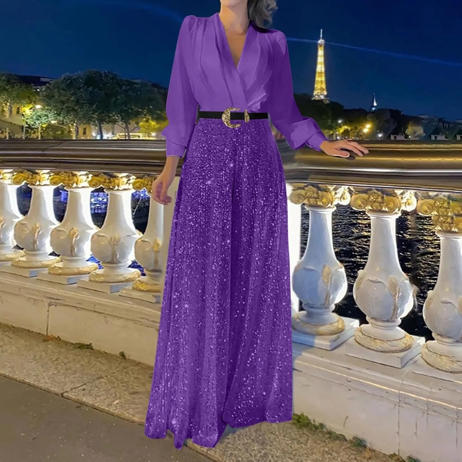 JOAU Women's Sequin Patchwork Rompers Dressy Wrap V Neck Jumpsuit Formal Pants Suits Evening Party Outfits Wide Leg Pants Set