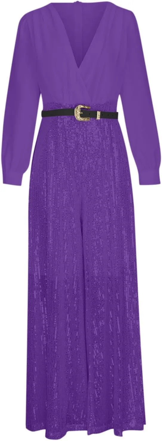JOAU Women's Sequin Patchwork Rompers Dressy Wrap V Neck Jumpsuit Formal Pants Suits Evening Party Outfits Wide Leg Pants Set