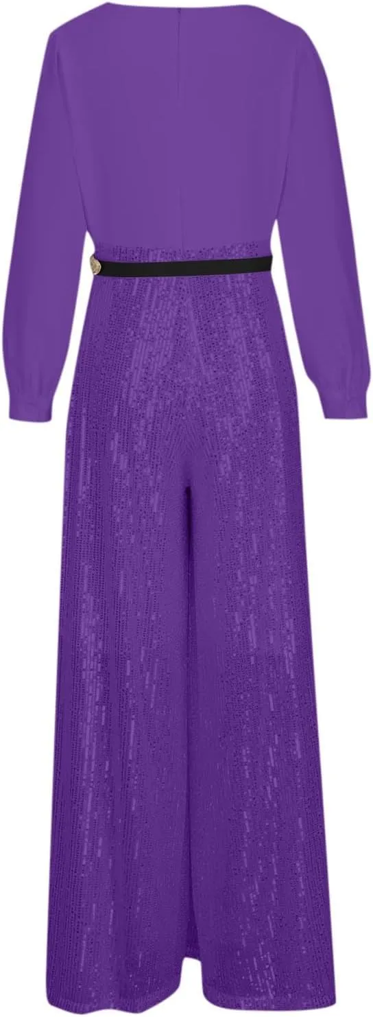 JOAU Women's Sequin Patchwork Rompers Dressy Wrap V Neck Jumpsuit Formal Pants Suits Evening Party Outfits Wide Leg Pants Set