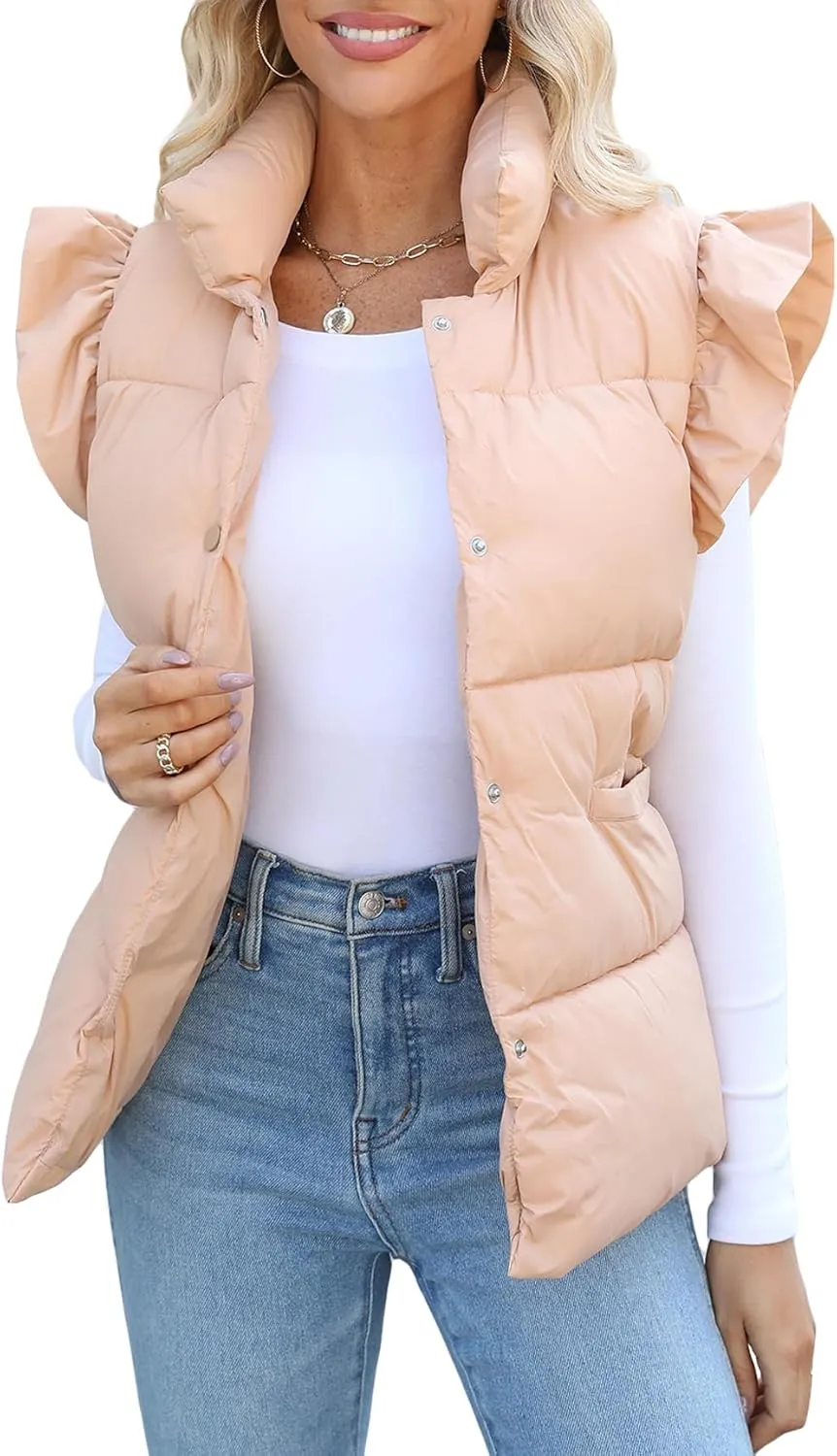 Kedera Women's Ruffle Sleeve Puffy Puffer Vests Winter Button Down Padded Gilet with Pocket