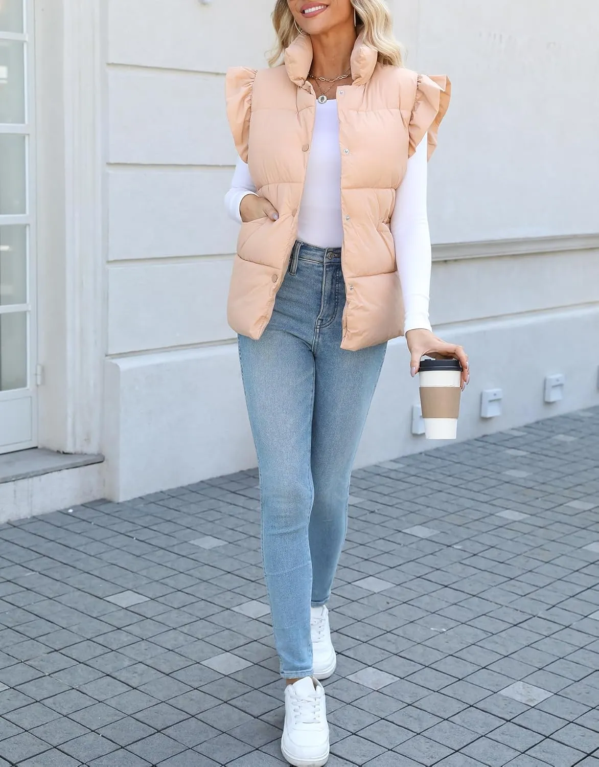 Kedera Women's Ruffle Sleeve Puffy Puffer Vests Winter Button Down Padded Gilet with Pocket