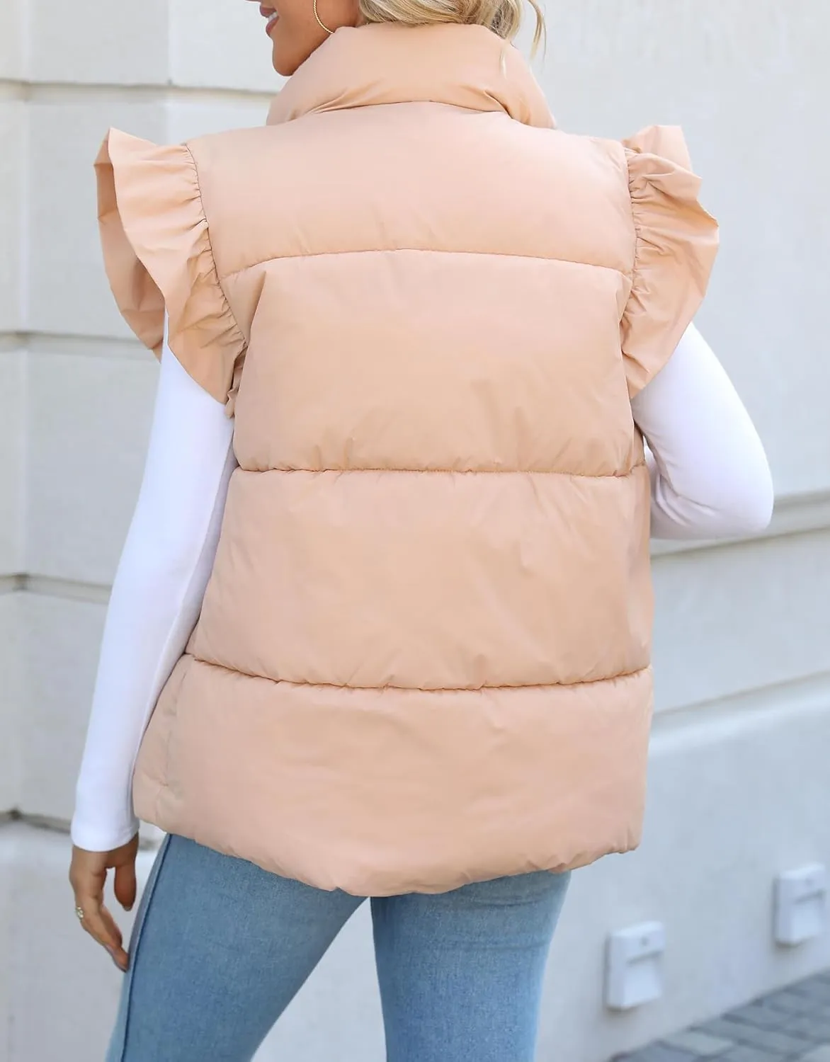 Kedera Women's Ruffle Sleeve Puffy Puffer Vests Winter Button Down Padded Gilet with Pocket