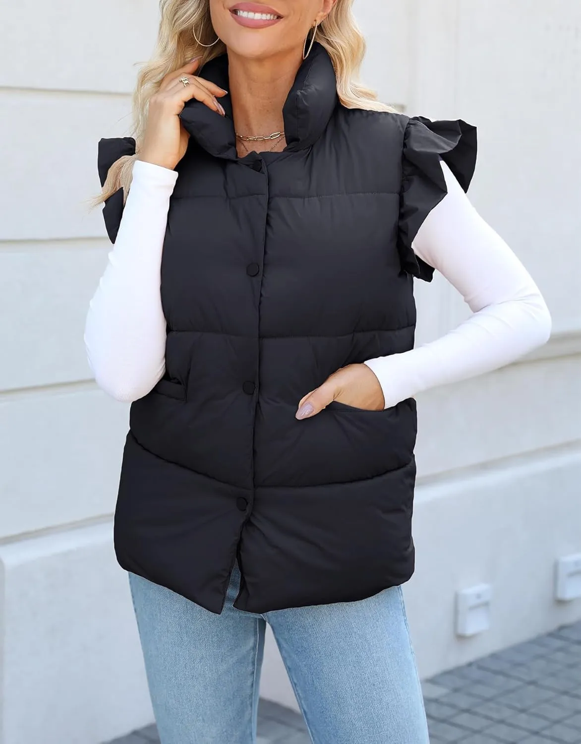 Kedera Women's Ruffle Sleeve Puffy Puffer Vests Winter Button Down Padded Gilet with Pocket