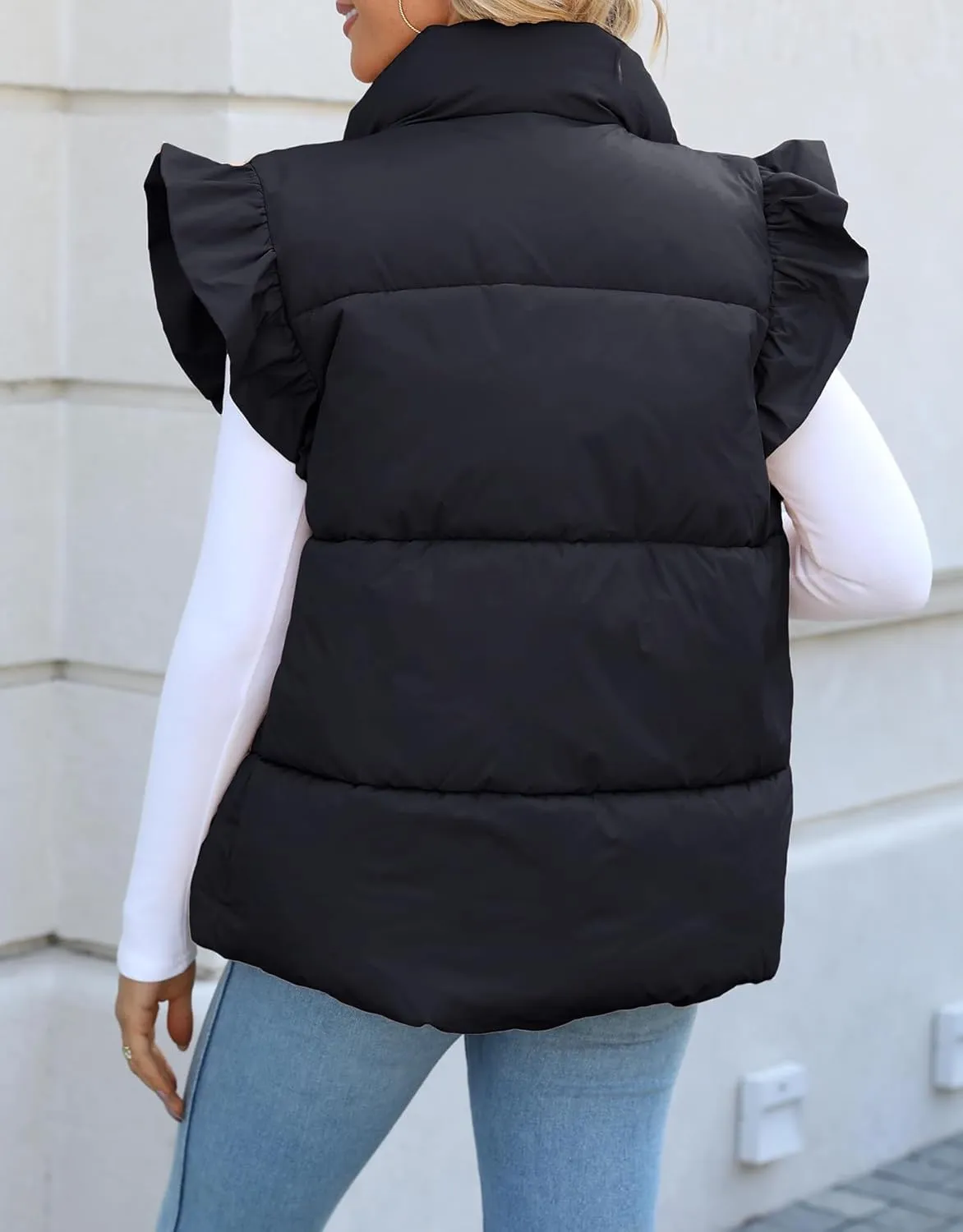Kedera Women's Ruffle Sleeve Puffy Puffer Vests Winter Button Down Padded Gilet with Pocket