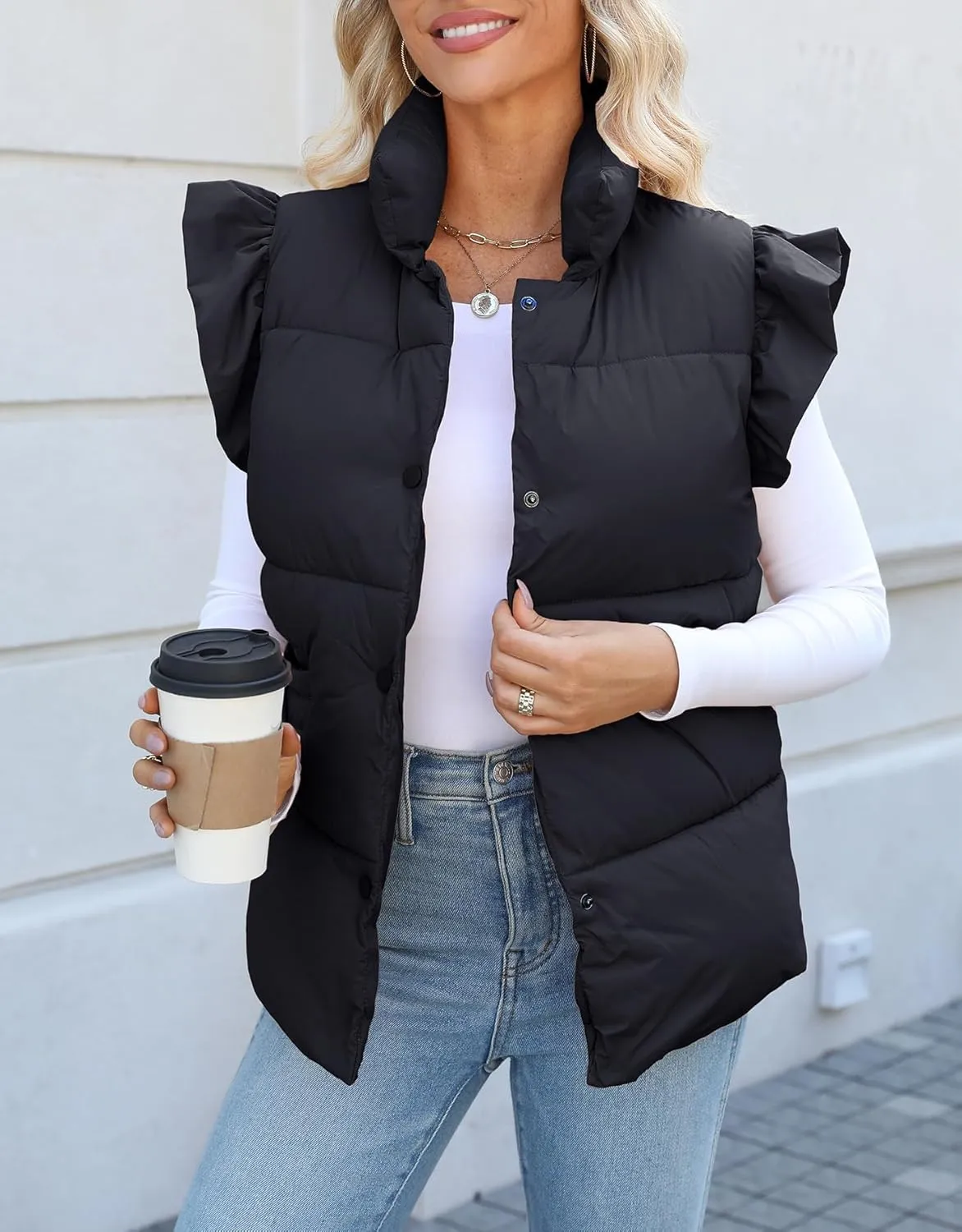 Kedera Women's Ruffle Sleeve Puffy Puffer Vests Winter Button Down Padded Gilet with Pocket
