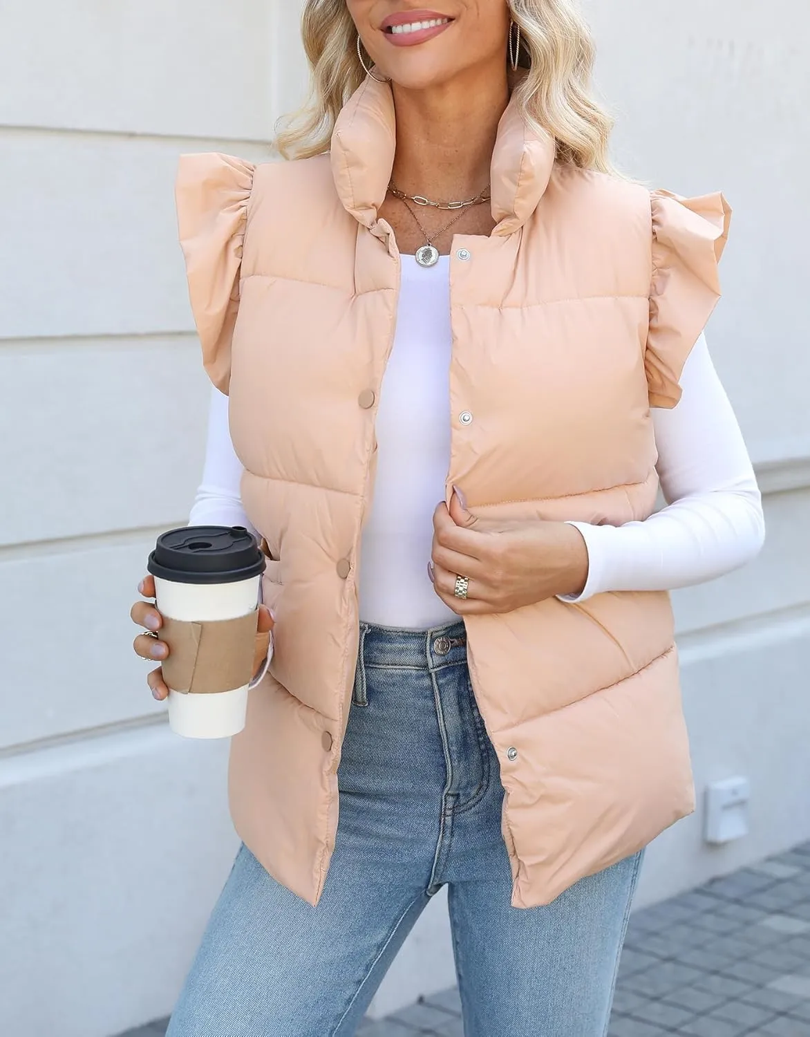 Kedera Women's Ruffle Sleeve Puffy Puffer Vests Winter Button Down Padded Gilet with Pocket