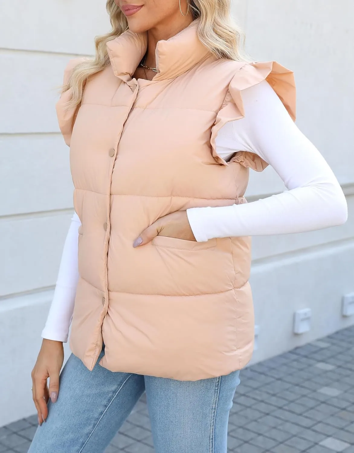 Kedera Women's Ruffle Sleeve Puffy Puffer Vests Winter Button Down Padded Gilet with Pocket