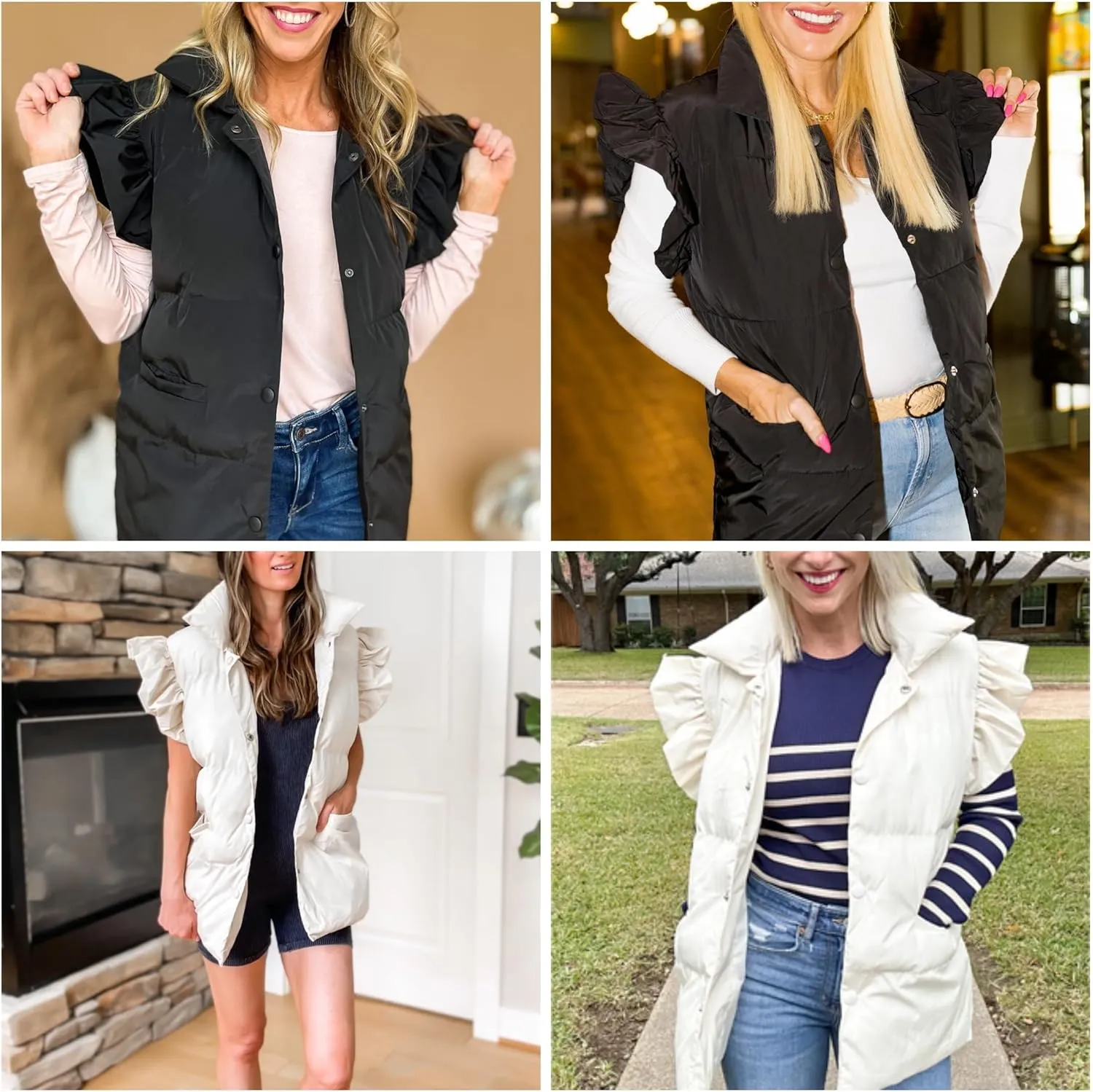 Kedera Women's Ruffle Sleeve Puffy Puffer Vests Winter Button Down Padded Gilet with Pocket