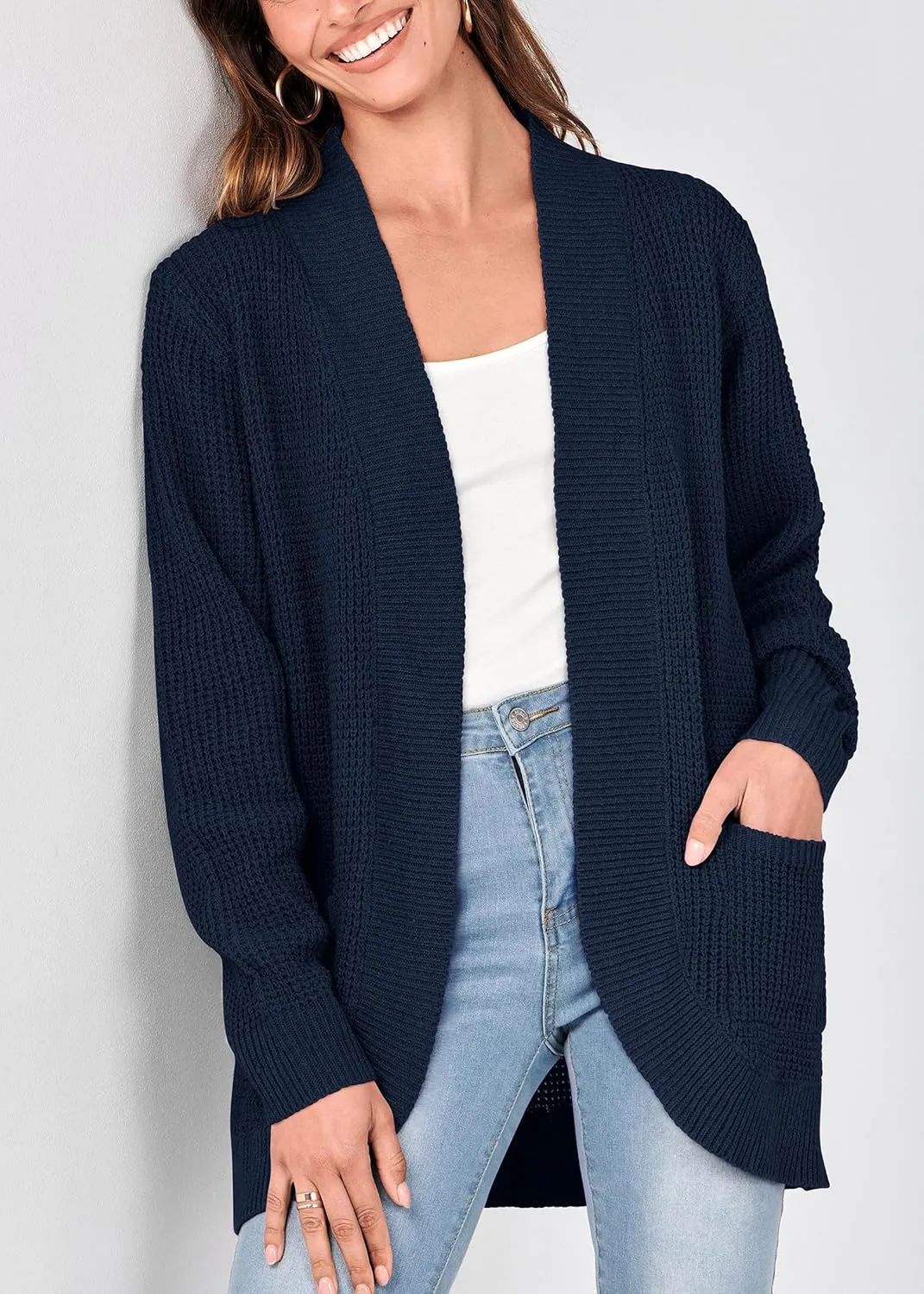 KIRUNDO Cardigan Sweaters for Women 2024 Fall Open Front Long Sleeve Loose Lightweight Knit Sweater Coat with Pockets
