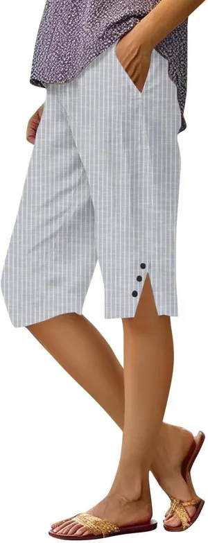 Linen Capri Pants for Women Casual Summer Retro Stripe Bermuda Shorts Light Weight Knee Length Plus Size Trousers